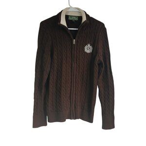 Brown Cable Knit Zipper Cardigan by Lauren Ralph Lauren Embroidery Emblem XL